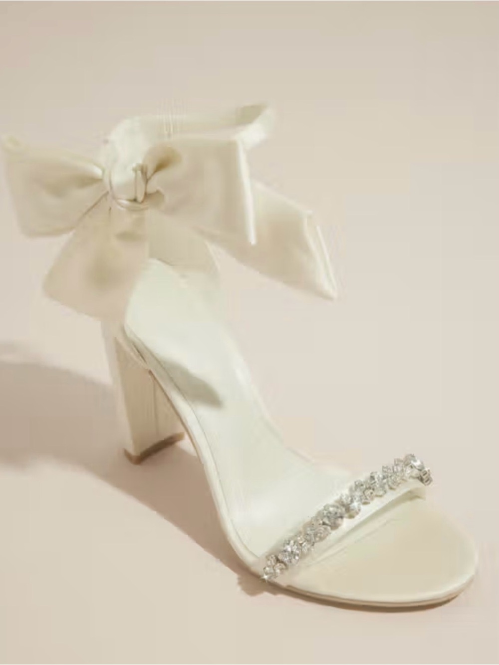 Oleg Cassini Ivory Satin Crystal-Strap Block Heel Sandal with Bow Ankle Tie